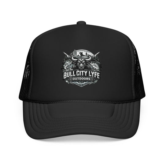 Bull City Lyfe Outdoors Foam Trucker Hat — Vintage Fishing & Hunting Logo Cap